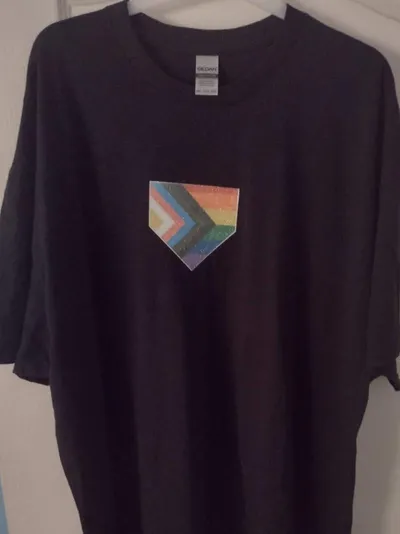 A Progress Pride flag in the shape of a shield printed on a black t-shirt.