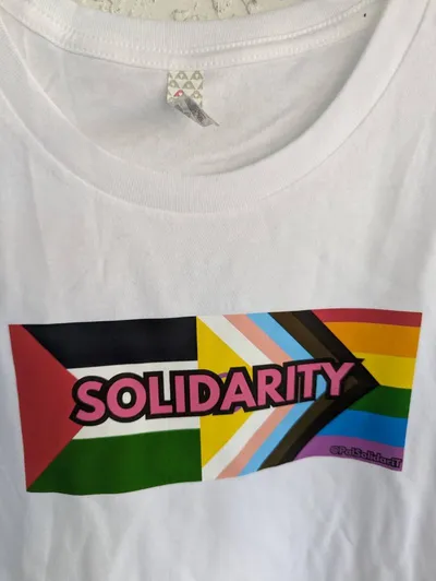 The flag of Palestine and the Progress Pride flag beside each other with the word solidarity written across them in pink letters, screen printed on a white t-shirt.