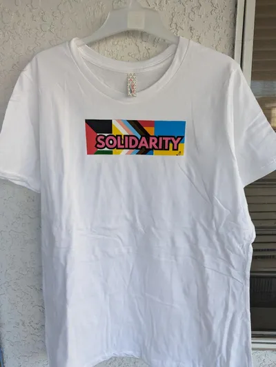 The Progress Pride flag between the flags of Palestine and Ukraine with the word solidarity written across them in pink letters, screen printed on a white t-shirt.